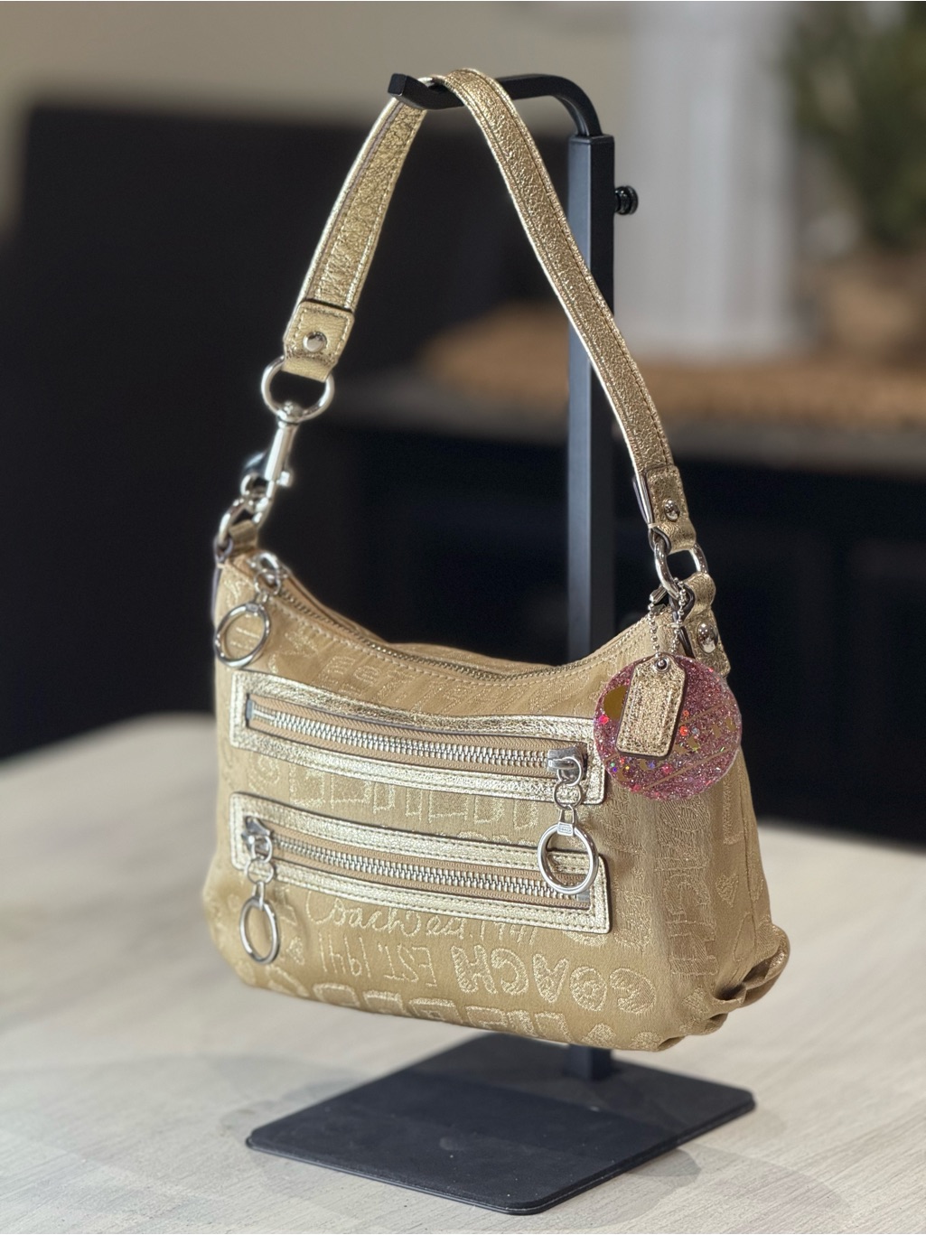 Vintage Coach Poppy Metallic Gold Signature Mini Hobo Bag With Charm